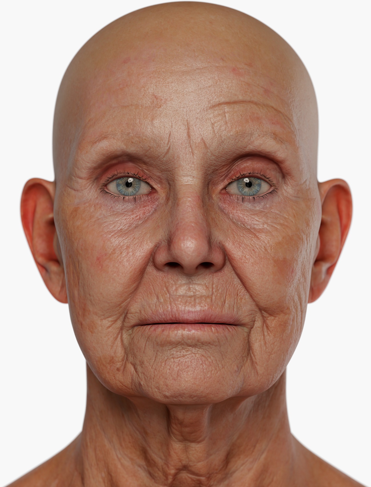 High-resolution 3D head scan render of an older female with fine wrinkles and mature skin detail